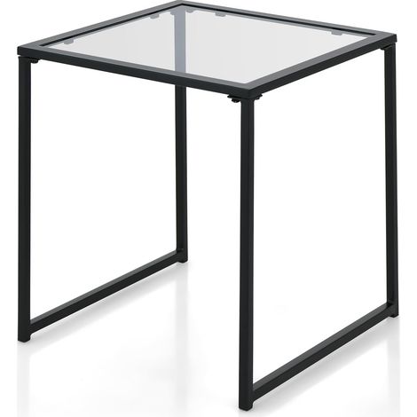 COSTWAY Mesa Auxiliar Cuadrada, Vidrio Templado, Marco De Metal, Mesa de Café Pequeña para Interiores Exteriores Sala de Estar Porche Terraza Jardín, Negro, 43 x 43 x 45 cm (1/5)
