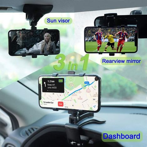 Handyhalterung fürs Auto, Armaturenbretthalterung, Rückspiegelhalterung, Sonnenblendenhalterung, 3-in-1-Autohalterung, 360° drehbare universelle Head-up-Display-Halterung, Handyhalterung für (1/5)