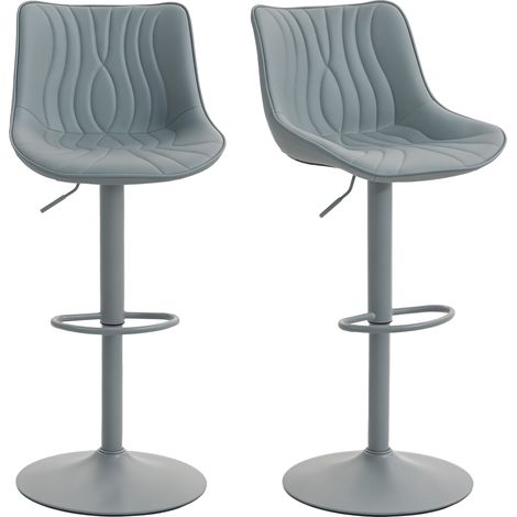 Juego de 2 taburetes de bar grises, con altura regulable, respaldo, asiento de polipiel, estructura de acero y reposapiés. (1/5)
