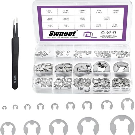 Lot de 210 anneaux de retenue extérieurs en acier inoxydable 304 avec pince à épiler, 14 tailles M1,5 M2 M2,5 M3 M3,5 M4 M5 M6 M7 M8 M9 M10 M12 M15 (1/5)