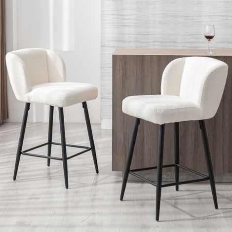 Wahson Lot de 2 tabourets de bar modernes – Coussin épais en fausse fourrure – Pieds métalliques robustes – Confort optimal pour cuisine et pub, Blanc