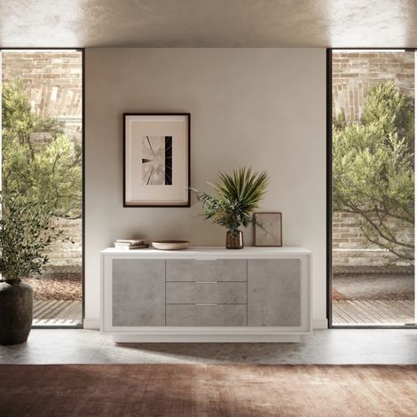 Buffet bas blanc et gris béton 2 portes-3 tiroirs 180cm YORI (1/5)
