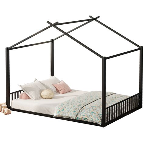 Lit cabane enfant 140x200 cm en métal noir, structure maison stable, sommier à lattes 14 supports, style moderne pour chambre d'enfant - CHICFURN (1/5)