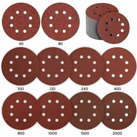 Disque abrasif de ponceuse 125mm Lot de 80 pièces Grains variés P40 à P2000 8 trous pour aspiration poussière Pour bois, métal, plastique (1/5)