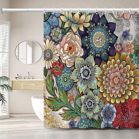 180 X 200cm Rideau De Douche Avec 12 Crochets Schage Rapide(fleurs), Tissu Polyester Impermable Lavable En Machine, Rideaux Salle De Bain (1/5)