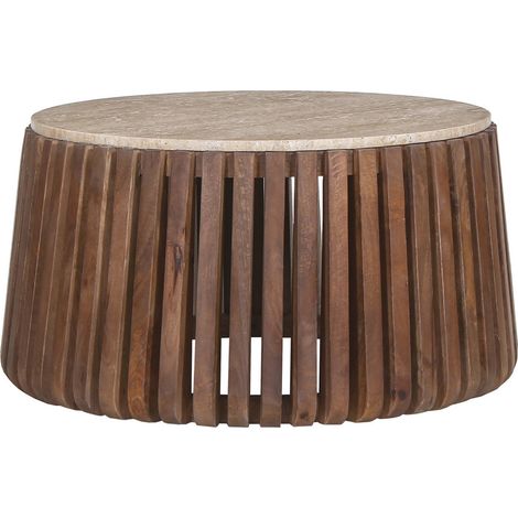 LUUK - Table basse en travertin et bois de manguier 70 cm (1/4)