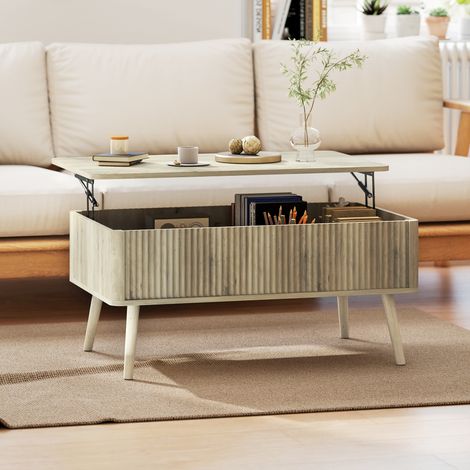Table basse relevable, table de salon avec 2 compartiments cachés et pieds en pin, chêne, 91 x 56 x 43 centimètres