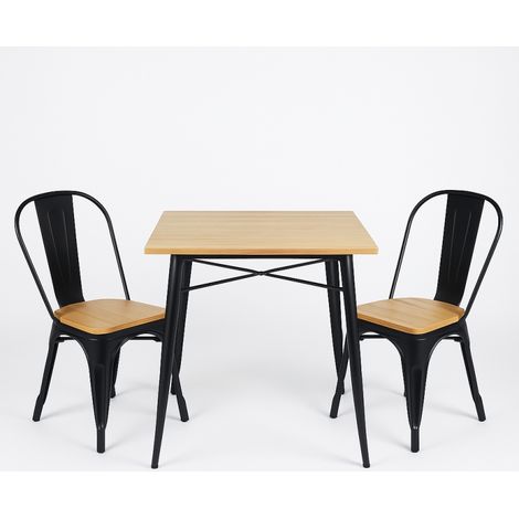 Ensemble Table et Chaises Style Industriel, Métal Noir Mat et Bois Naturel, 80x80 cm (1/5)