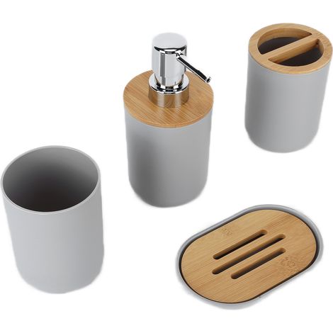 Set mit 4 nordischen Bambus-Badezimmeraccessoires, graues Aufbewahrungsset für Zahnbürsten aus Kunststoff. (1/5)