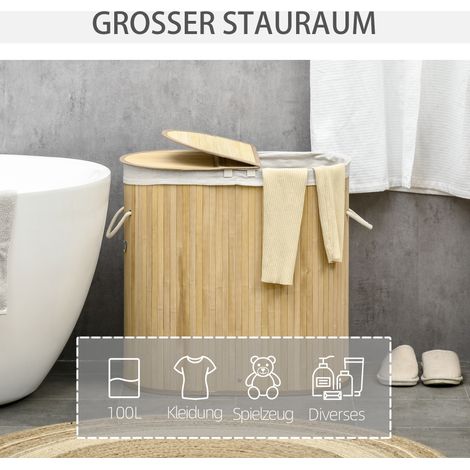Panier à linge 100L avec banco amovible 62,5 x 37 x 60,5 cm naturel et blanc (1/5)