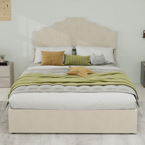 Lit moderne moelleux 140 x 200, avec matelas, beige, 140 x 200 cm, pour chambre, sans matelas, mobilier chambre multifonctionnel, tête douce
