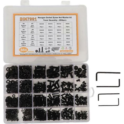 884-teiliges Set aus Innensechskantschrauben, Muttern und Unterlegscheiben (M2, M3, M4, M5) aus Kohlenstoffstahl mit Aufbewahrungsbox, schwarz
