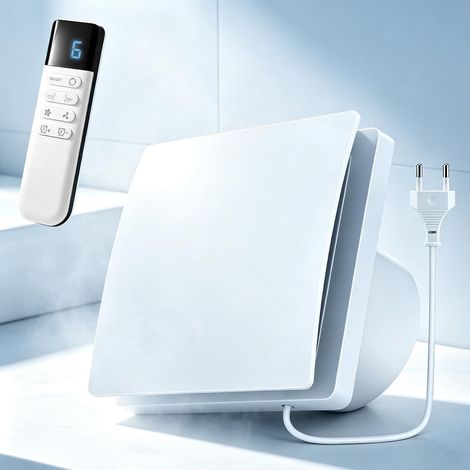 Ventilateur de Salle de Bain Silencieux 100mm avec Télécommande, Minuterie et 9 Vitesses, Débit d'Air 150 m³/h, Blanc Carré, Montage Mur/Fenêtre, IPX4, Pour Cuisine, Salle d'Eau, 35 dB (1/5)
