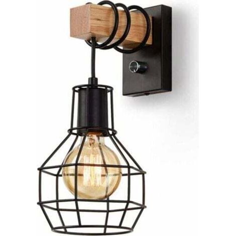 Industrielle Wandleuchte für den Innenbereich, Lampenschirm im Vintage-Käfig-Design, dimmbar mit Schalter, E27-Fassung, Metall- und Holzseil, für Wohnzimmer, Esszimmer, Flur, Schwarz (Leuchtmittel nic