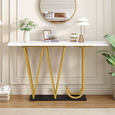 Table console d’entrée 120 x 29,5 x 80 cm effet marbre blanc, meuble étroit en MDF et métal avec rangement, table d’appoint moderne pour salon, cuisine (1/5)