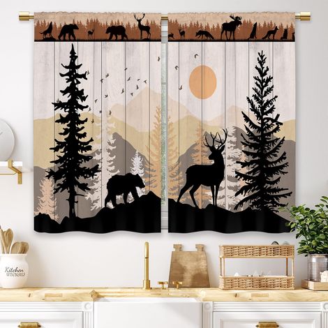 Ensemble de rideaux courts style cottage champêtre (2 pièces) – Rideaux à œillets pour cuisine/salle de bain avec motif d'animaux de la forêt, colorés (1/5)