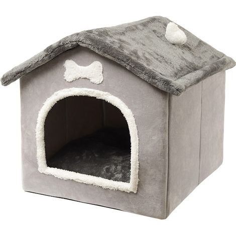 Niche Chien Chat Maison XL 57x52x56 cm – Cabane Intérieure Fermée, Structure Plastique + Éponge HR, Velours Arctique + Coton PP, Lavable, Fond Antidérapant, 4 Saisons, Gris, Petit/Moyen Chien (1/3)