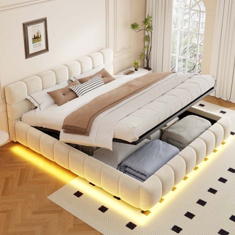 Lit coffre 160x200 cm, Lit double capitonné en velours avec LED et rangement hydraulique, style scandinave pour chambre, Beige (1/5)