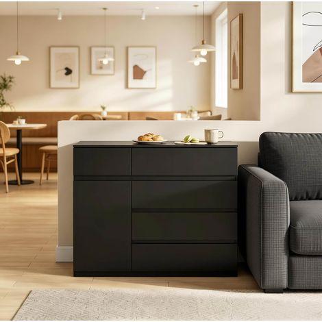 Commode 5 tiroirs et 1 porte, noir, 100x40x80 cm (1/5)