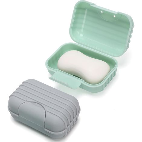 Juego de 2 jaboneras con tapa: portátiles, a prueba de fugas, con base elevada, para ducha o uso exterior (verde y gris). (1/5)