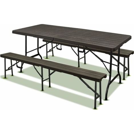 Terre Jardin – Lot de 1 table pliante 8 personnes – 2 bancs pliants 4 places – Dimensions 180x75x72cm – Imitation bois – Résistante à l'eau et UV (1/5)