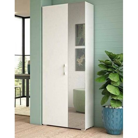 Dmora Zapatero Tarassaco, Mueble recibidor multiusos con puerta de espejo, Zapatero moderno con 6 baldas, 100% Made in Italy, Cm 72x37h195, Blanco, con embalaje reforzado (1/5)