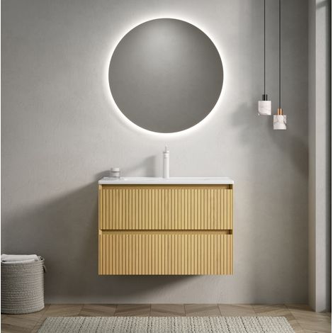Mobile lavabo sospeso, lavabo integrato in ceramica, 2 cassetti, rovere dorato e bianco (1/5)