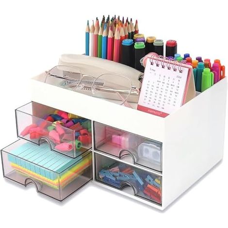 Schreibtisch-Organizer mit 4 Schubladen, 19 x 14 cm, großes Fassungsvermögen, multifunktionale Aufbewahrung, Stiftehalter, Make-up-Organizer, für Kinder, Lehrer, Geschenk, Büro, Schule, Zuhause, Dekor (1/5)