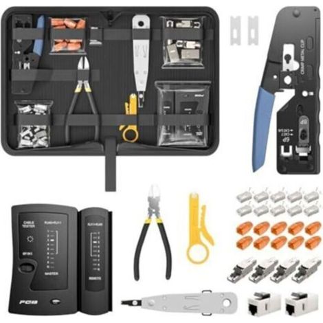 Kit d'outils réseau, pince à sertir RJ45 traversante pour câbles Cat7, Cat6, Cat5 avec 4 connecteurs réseau Cat7 sans outil, 10 connecteurs RJ45, outil de perforation LSA, testeur de réseau pour câble