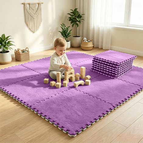 Lot De 12 Tapis Puzzle Emboîtables En Peluche, 30 X 30 Cm, Tapis De Sol En Mousse EVA Pour Bébé, Salon, Chambre À Coucher, Violet Foncé
