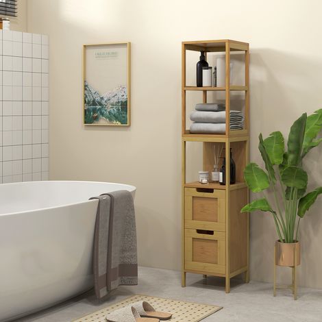 Meuble Colonne Rangement Salle de Bain Style Cosy dim. 30L x 30l x 144H cm 3 étagères 2 tiroirs Bambou