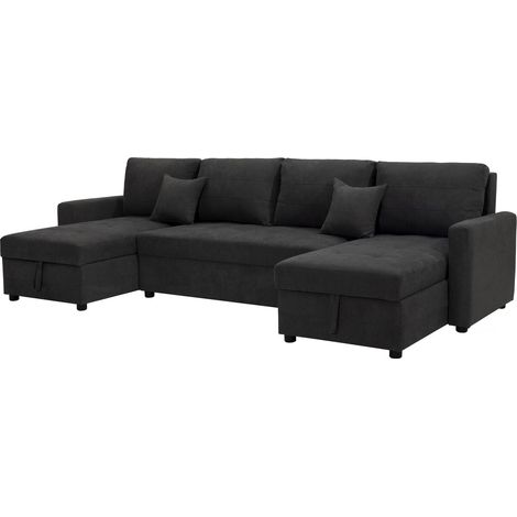 Habitat Et Jardin – Canapé panoramique convertible 5 places – 3 coffres de rangement – Tissu gris foncé – Dimensions 290 x 140 x 87 cm (1/5)