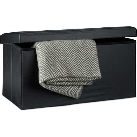 Relaxdays Folding Storage Bench, Faux Leather, 38 x 78 x 38 cm, Foldable Footstool Ottoman, 300kg, 2-Seater, Black (1/5)
