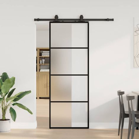 Schiebetür mit Beschlag Schwarz 76x205 cm ESG-Glas
