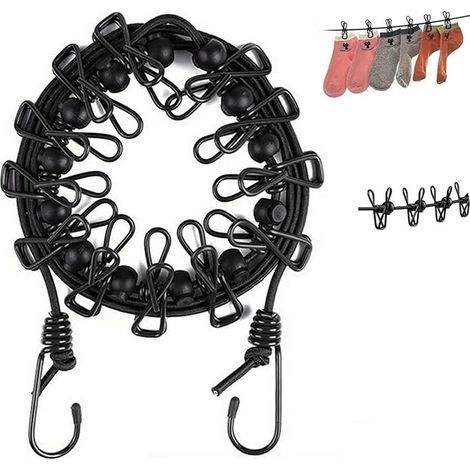 1 étendoir à linge portable, étendoir à linge élastique de voyage, corde à linge rétractable et réglable, résistante au vent, avec 12 pinces métalliques (1/5)