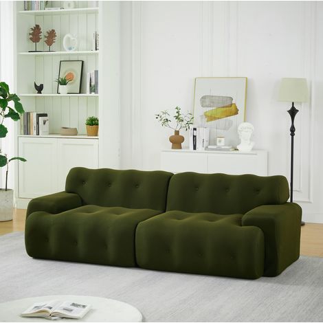 Divano a 2 posti in tessuto verde, grande, 224 x 104 x 66 cm, design moderno con bottoni (1/5)