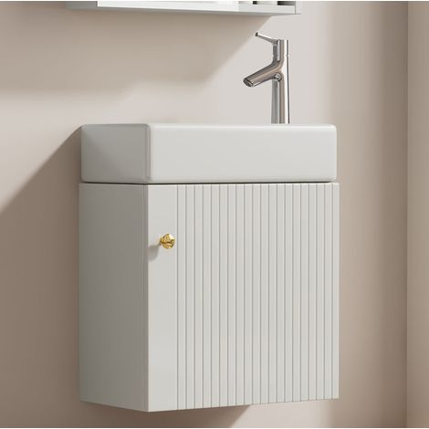 Mueble de baño suspendido 46x26x56 cm en MDF blanco con lavabo cerámico, para aseo pequeño (1/5)