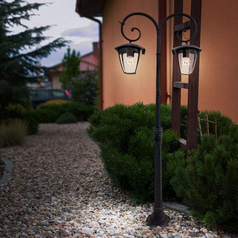 Lampada da terra candelabro lampada da giardino lanterna lampada da esterno alluminio lampada da terra in vetro, alluminio nero, 2x attacco E27, LxA 48x141 cm