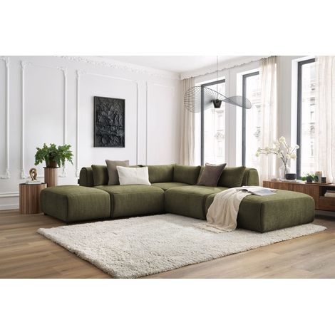 BOBOCHIC - Canapé d'angle fixe modulable JEANNE tissu texturé avec 2 chauffeuses, 1 angle et 2 poufs   Vert (1/5)
