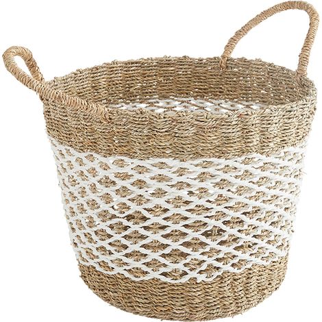 Panier de rangement ajouré avec poignées - Blanc - Paille Naturel - 30x30x30 cm - BOX & BEYOND (1/4)