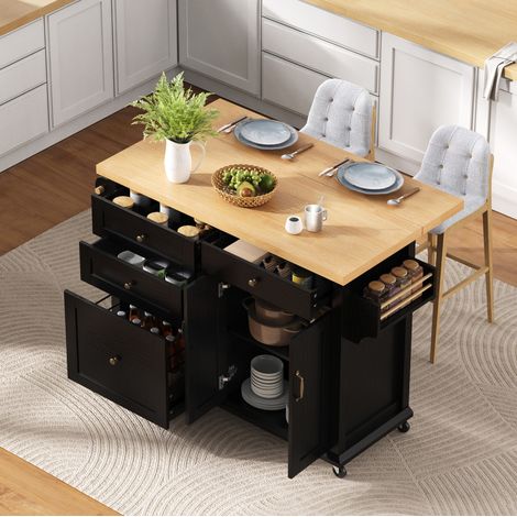 Îlot de cuisine mobile avec table extensible, rangements et roulettes, noir et bois HAVRYA (1/5)