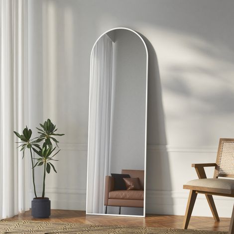 Weiß Standspiegel Ganzkörperspiegel mit Metallrahmen Ganzkörperspiegel Rundbogen 160 x 50 cm Spiegel Weiß Wandspiegel Stehspiegel Standspiegel für Schlafzimmer, Wohnzimmer, Flur und Garderobe