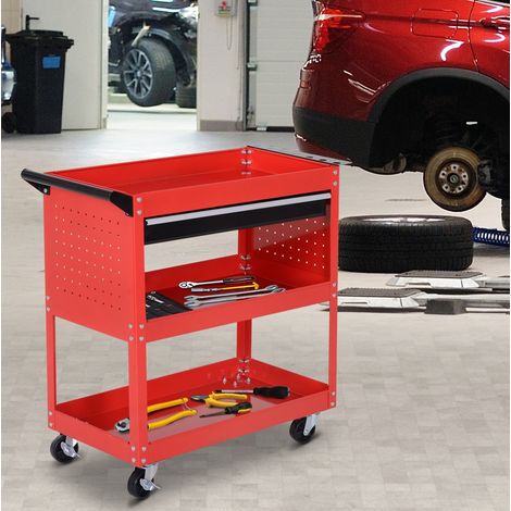 Carrello portautensili 82x35x76 cm, 3 ripiani, cassetto estraibile, 4 ruote con freno, acciaio rosso (1/5)