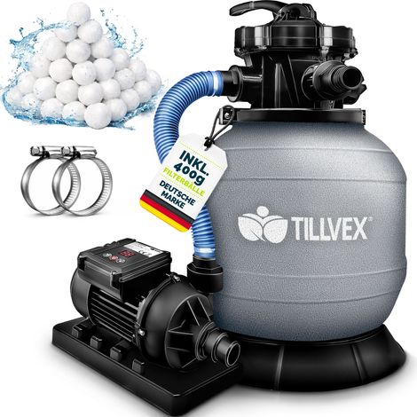 tillvex® Sandfilteranlage Pool mit Timer 7.900L/h inkl. 400g Filterbälle Filteranlage 7-Wege Ventil & 2in1 Adapter Ø32mm - 38mm Poolfilter mit Druckanzeige Sandfilter für Schwimmbecken Grau