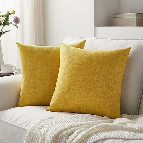 Deux housses de coussin jaune moutarde doré, 45 x 45 cm, housses de coussin rustiques bordées de lin, convenant aux canapés. (1/5)