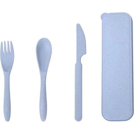 Ensemble de couverts en paille, fourchette, cuillère et couteau portables modernes avec boîte de rangement, idéal pour le bureau, l'école et les pique-niques, bleu. (1/5)