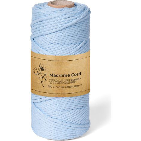 STANKE Fil macramé 3mm 100 m couleur Bleu clair - fil de coton pour crochet, DIY boho, paniers, attrape-rêves - corde coton pour guirlandes, dessous de verre, sacs - 100% cotton, torsadé, doux