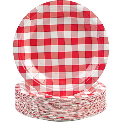 Assiettes en carton - 50 pièces - Motif à carreaux - 18 cm - Pour fête et pique-nique - Rouge (1/5)