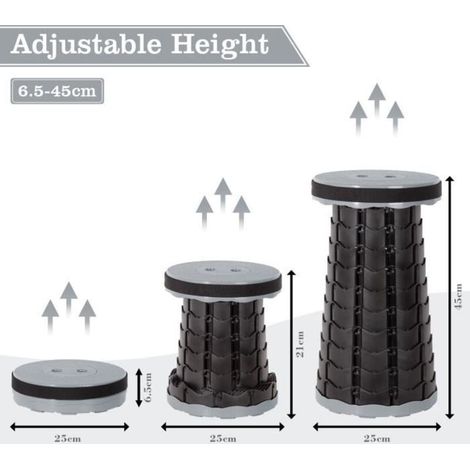 Tabouret télescopique Portable, Pliable en Plastique, Siege Pliant Portable pour la pêche Camping, Charge Max 150KG, Gris Noir