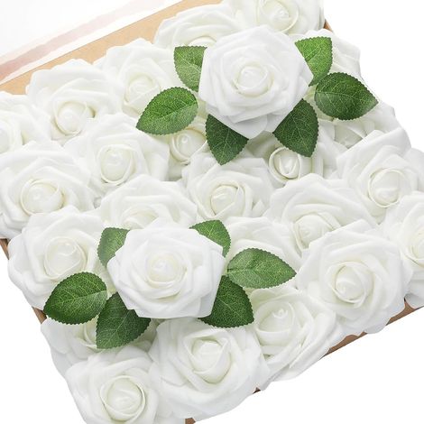 50Pcs Fleurs De Rose Artificielles, Blanc Real Touch Mousse Faux Rose en Vrac avec Tige pour Bouquets De Mariage Centres De Table Fête De Douche De Mariée Maison DIY Décoration (1/5)